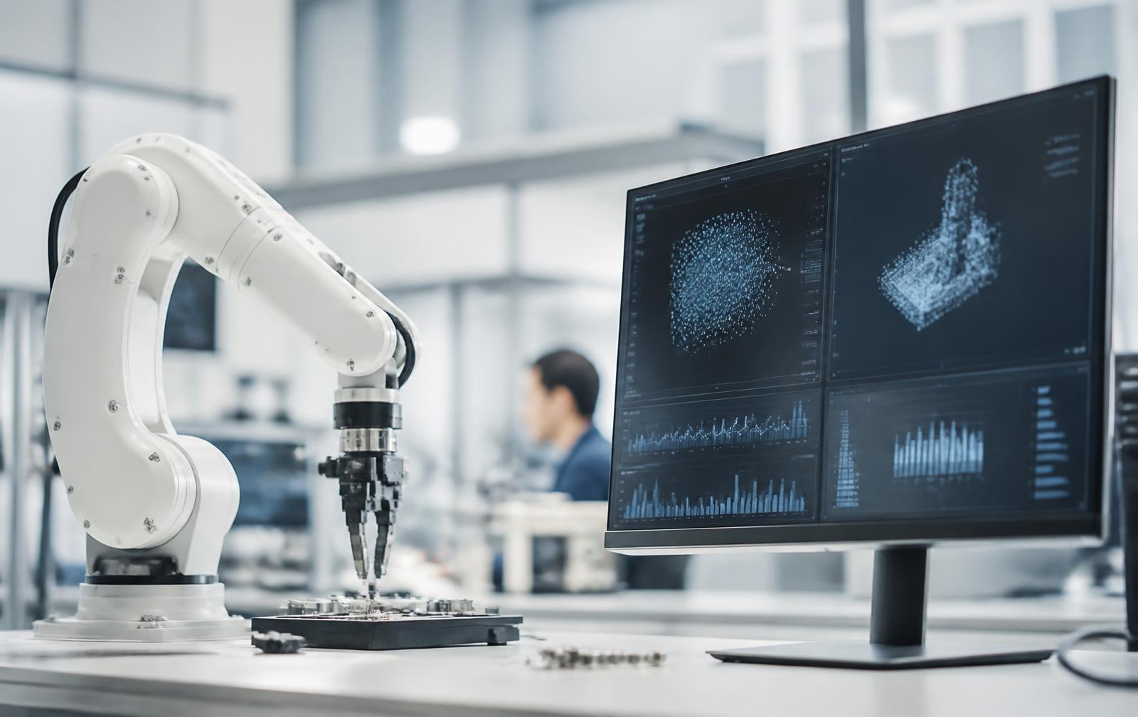 Robotic arm in a bright engineering lab beside a monitor showing machine learning data visualisations