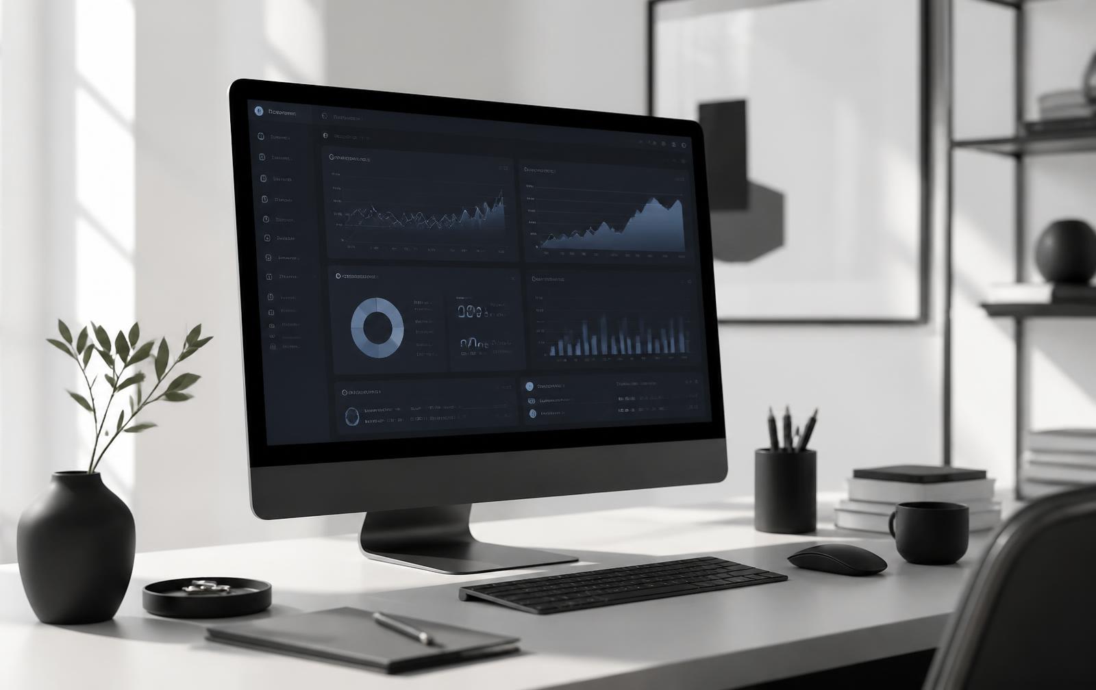 Desktop screen showing a custom business software dashboard in a bright minimal workspace