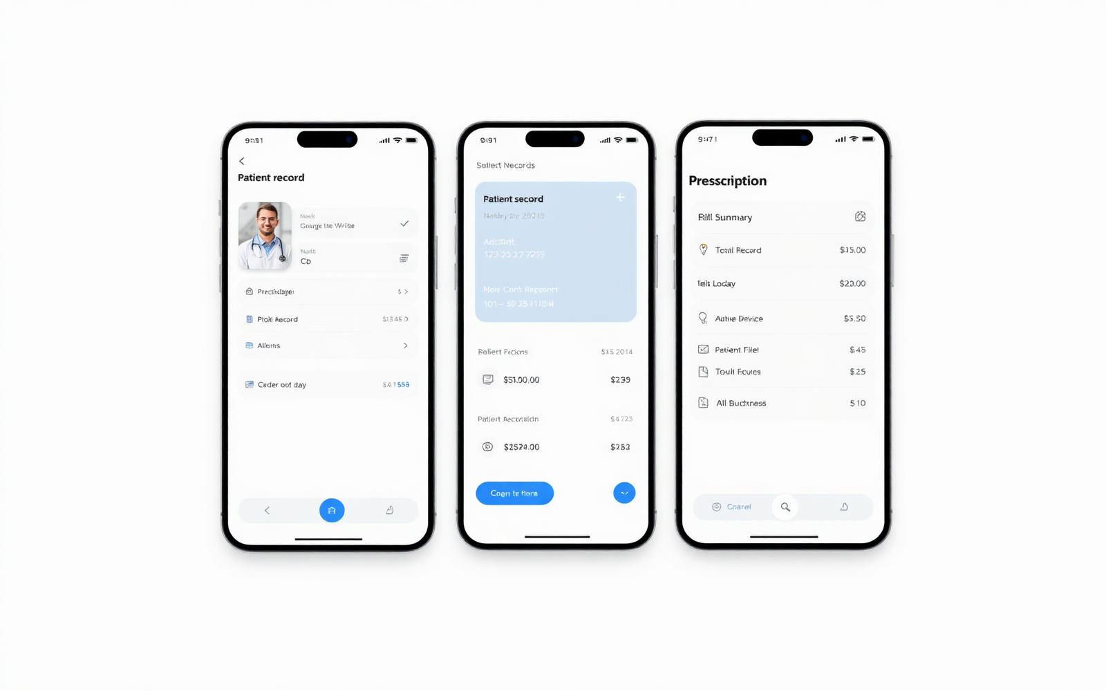 Pocket MD mobile screens for records, prescriptions and billing