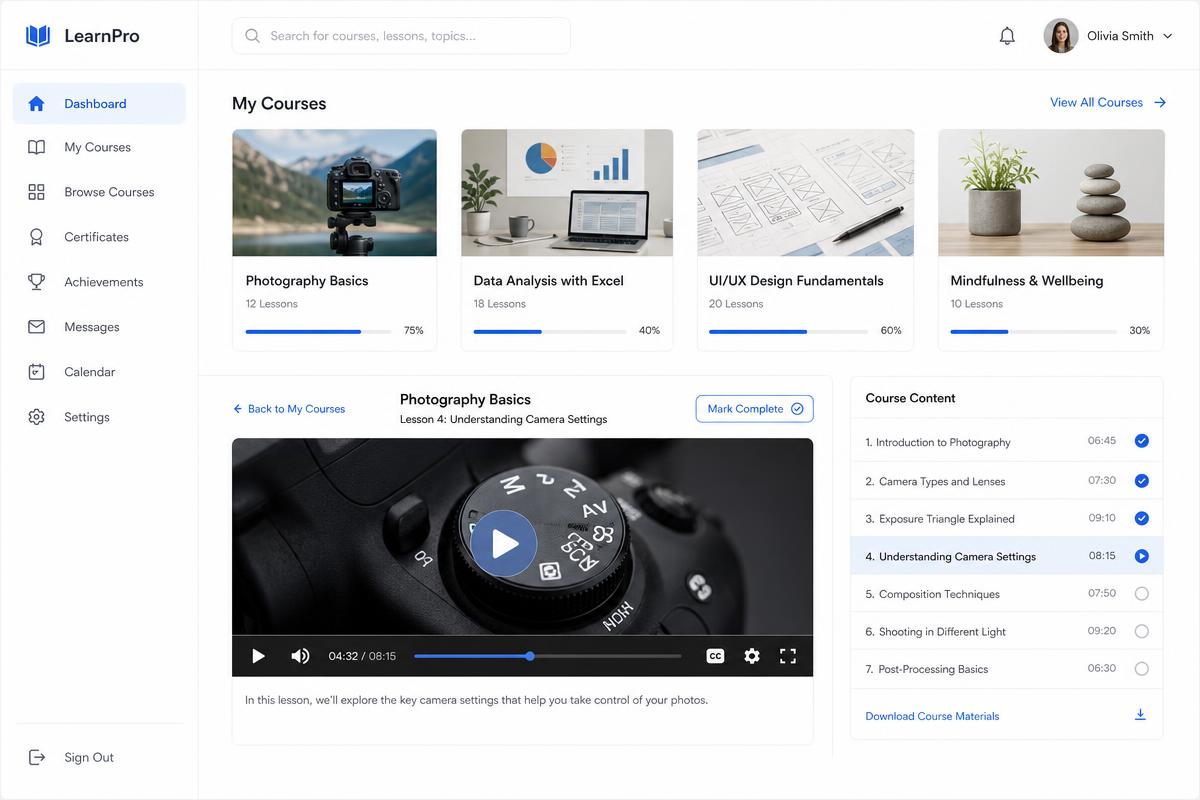 E-learning platform showing course cards and a video lesson player