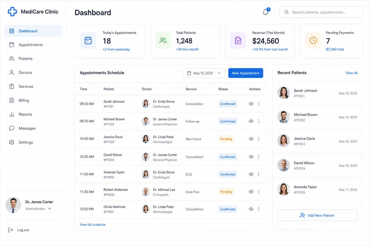 Pocket MD dashboard showing an appointment schedule and patient list