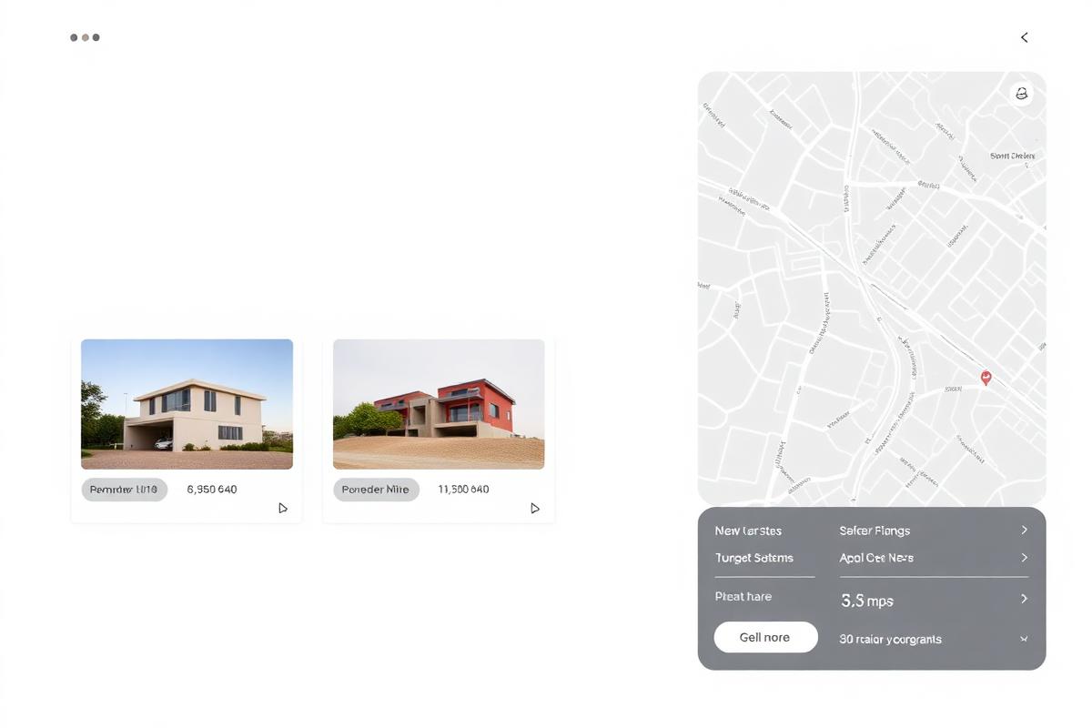 Real estate platform showing property listing cards beside an interactive map