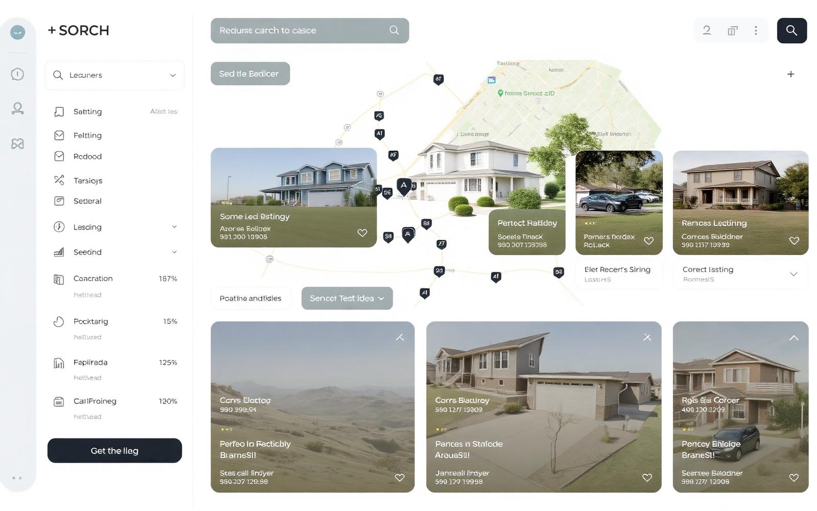 Map-based property search with listing cards and filter sidebar