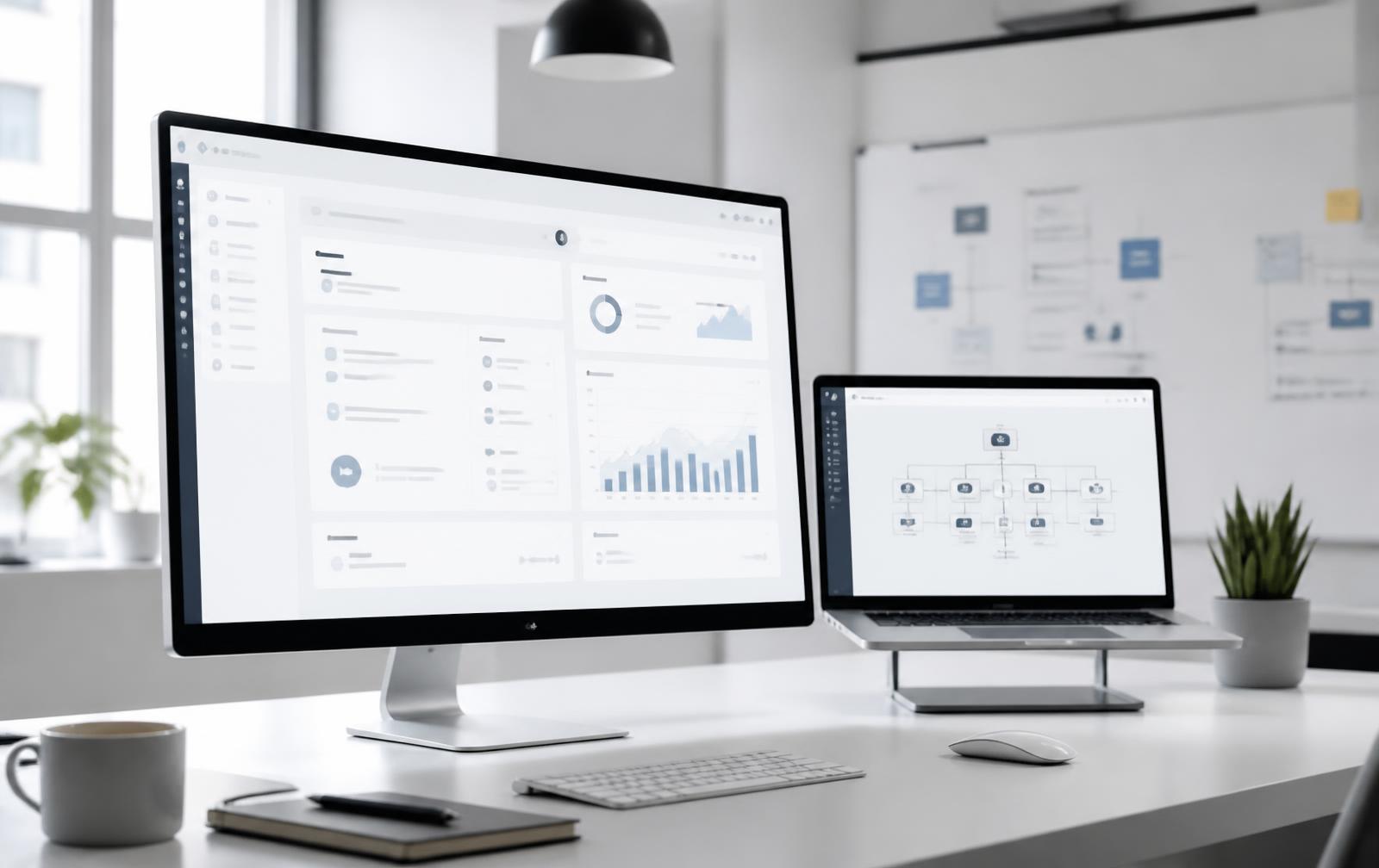 Desktop and laptop screens showing a web application interface next to a system architecture diagram